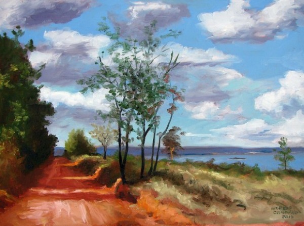 Paisagem com lago e árvores