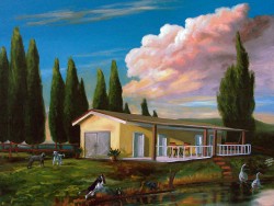 Casa amarela com cães