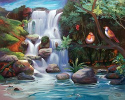 Paisagem com pássaros e peixes
